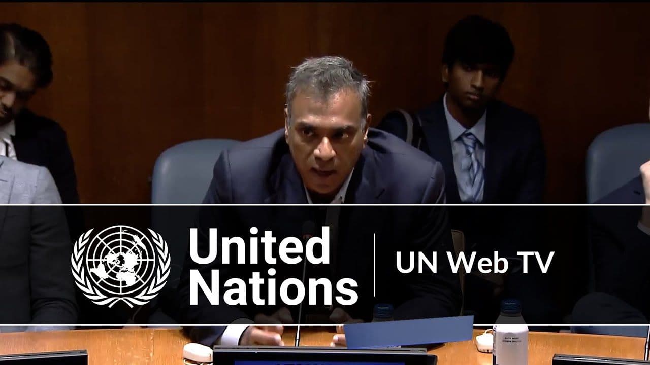 Dr. Albert speaking into a microphone at a United Nations panel table, delegates seated behind him.