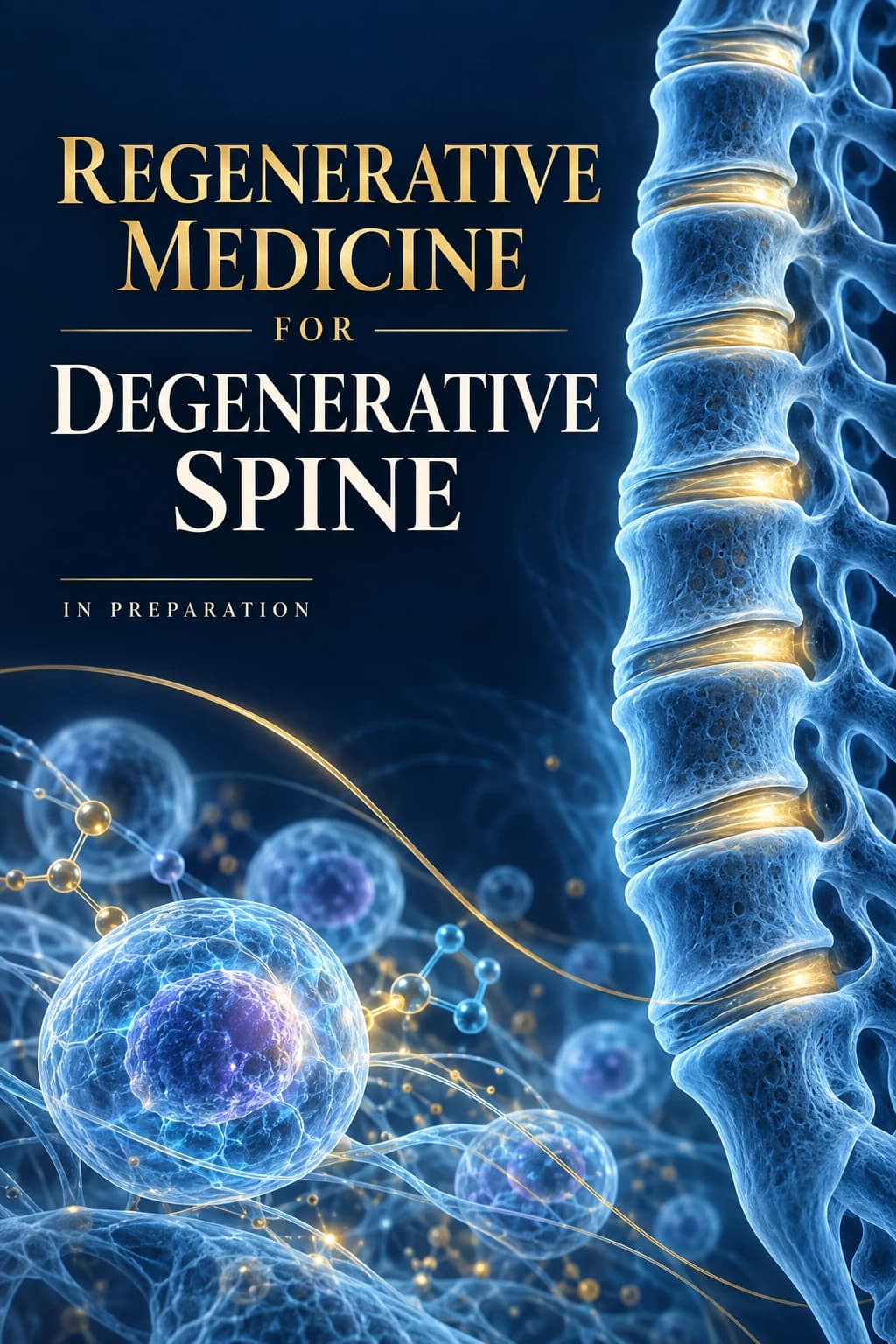 Concept cover: a luminous blue spine with gold-lit discs beside a glowing cell and molecular diagrams