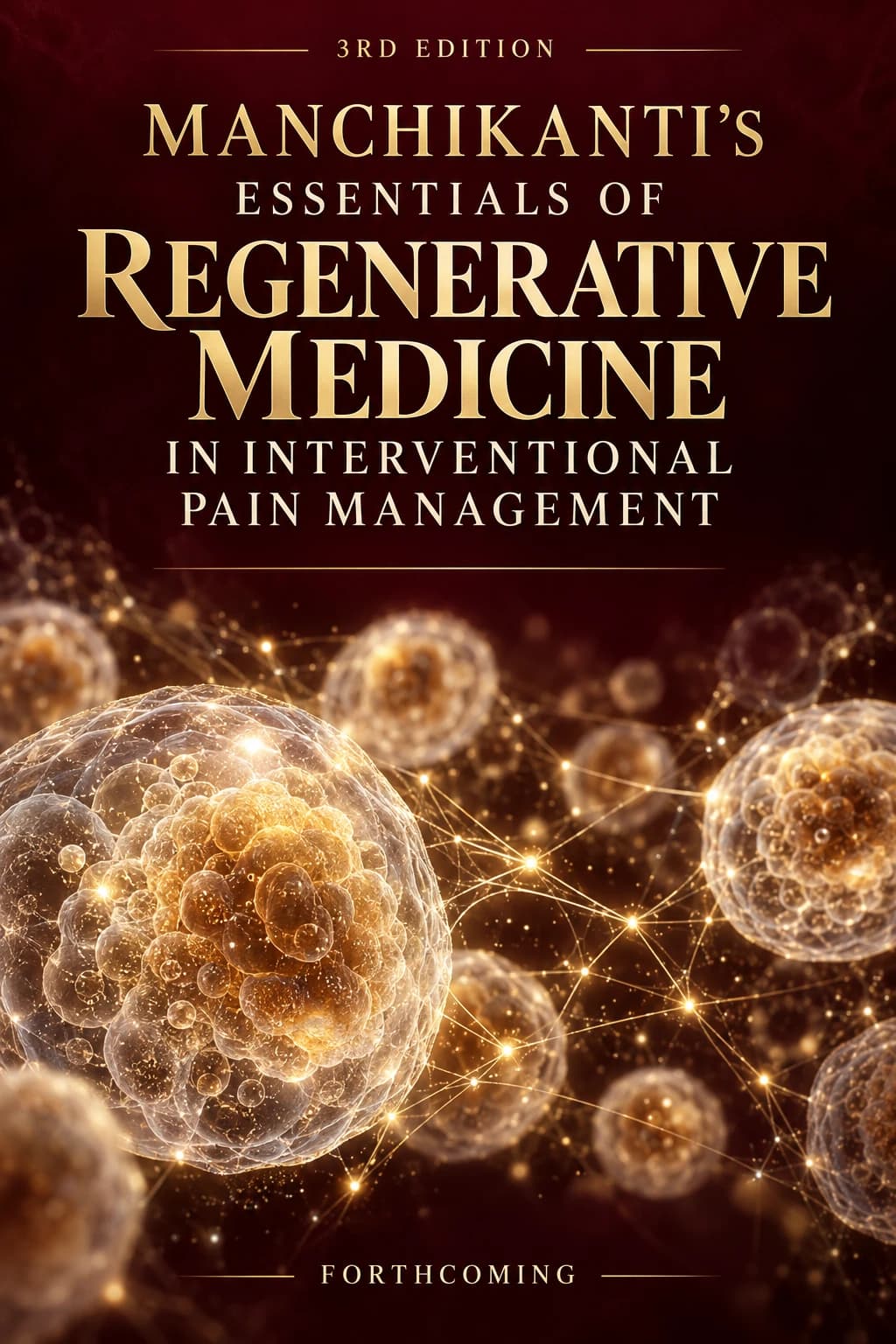Concept cover: gold lettering above glowing cell clusters linked by threads of light on a deep red ground