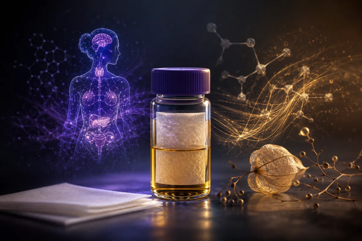 A capped urine sample vial beside a translucent figure whose thyroid, adrenal and ovarian glands glow purple.