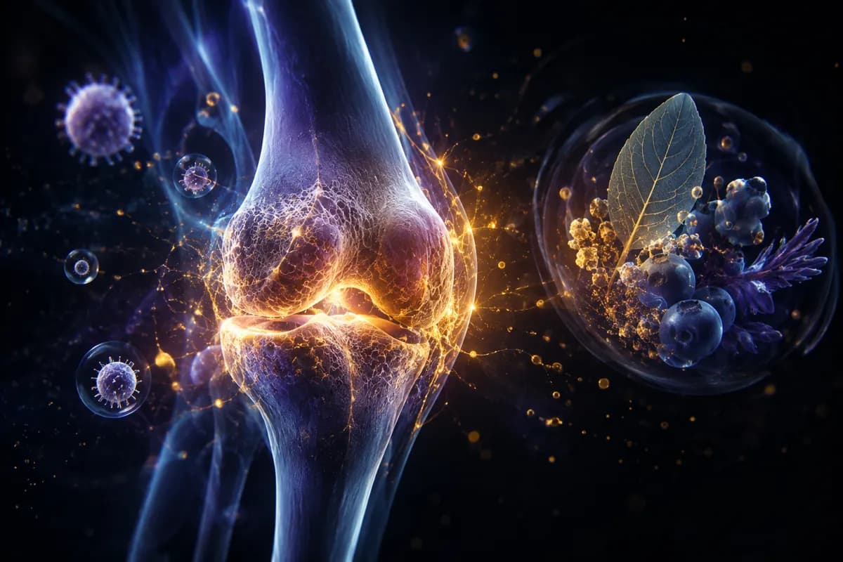 A glowing knee joint flares gold at the cartilage while a sphere of blueberries, herbs and turmeric floats nearby.