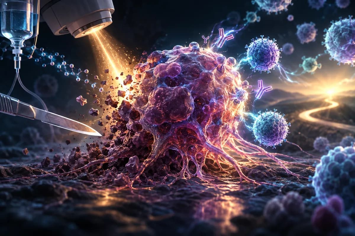 A purple tumour mass struck by a gold radiation beam, with a scalpel, IV line, antibodies and immune cells closing in.