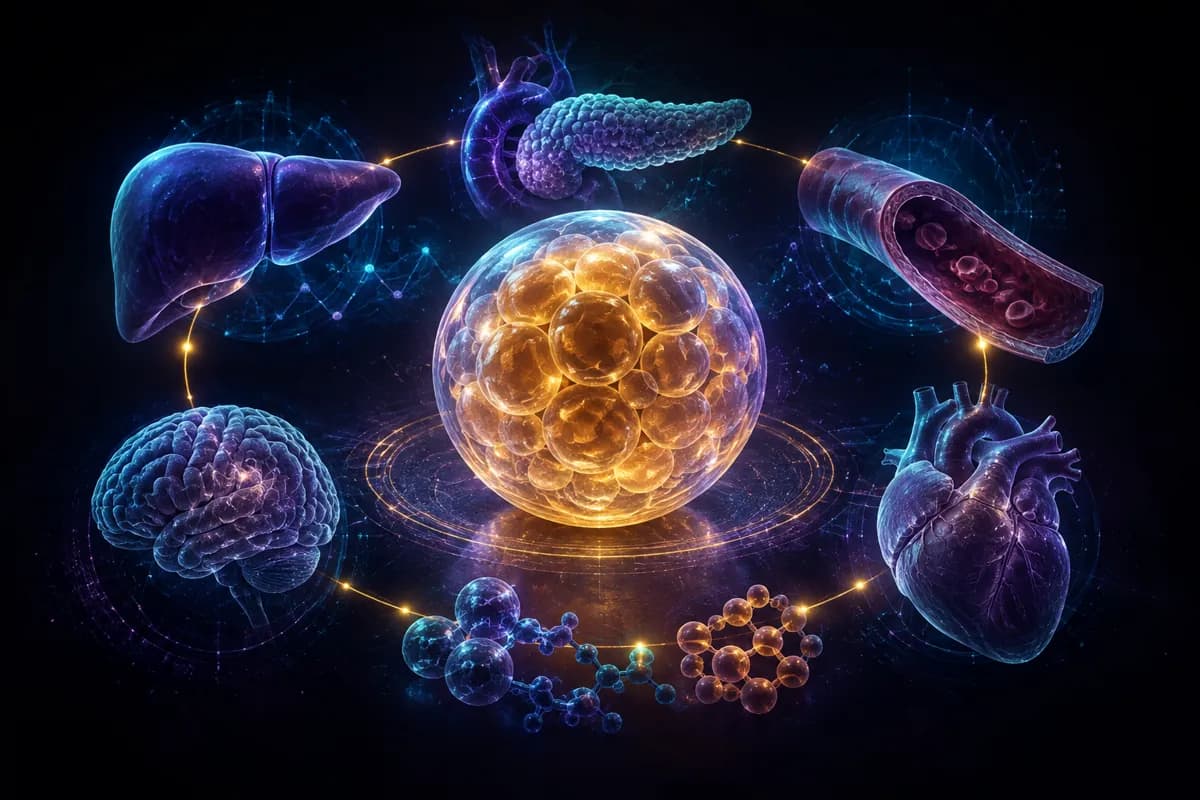 Liver, pancreas, brain, heart and a sliced artery ring a glowing gold cluster of fat cells linked by light.