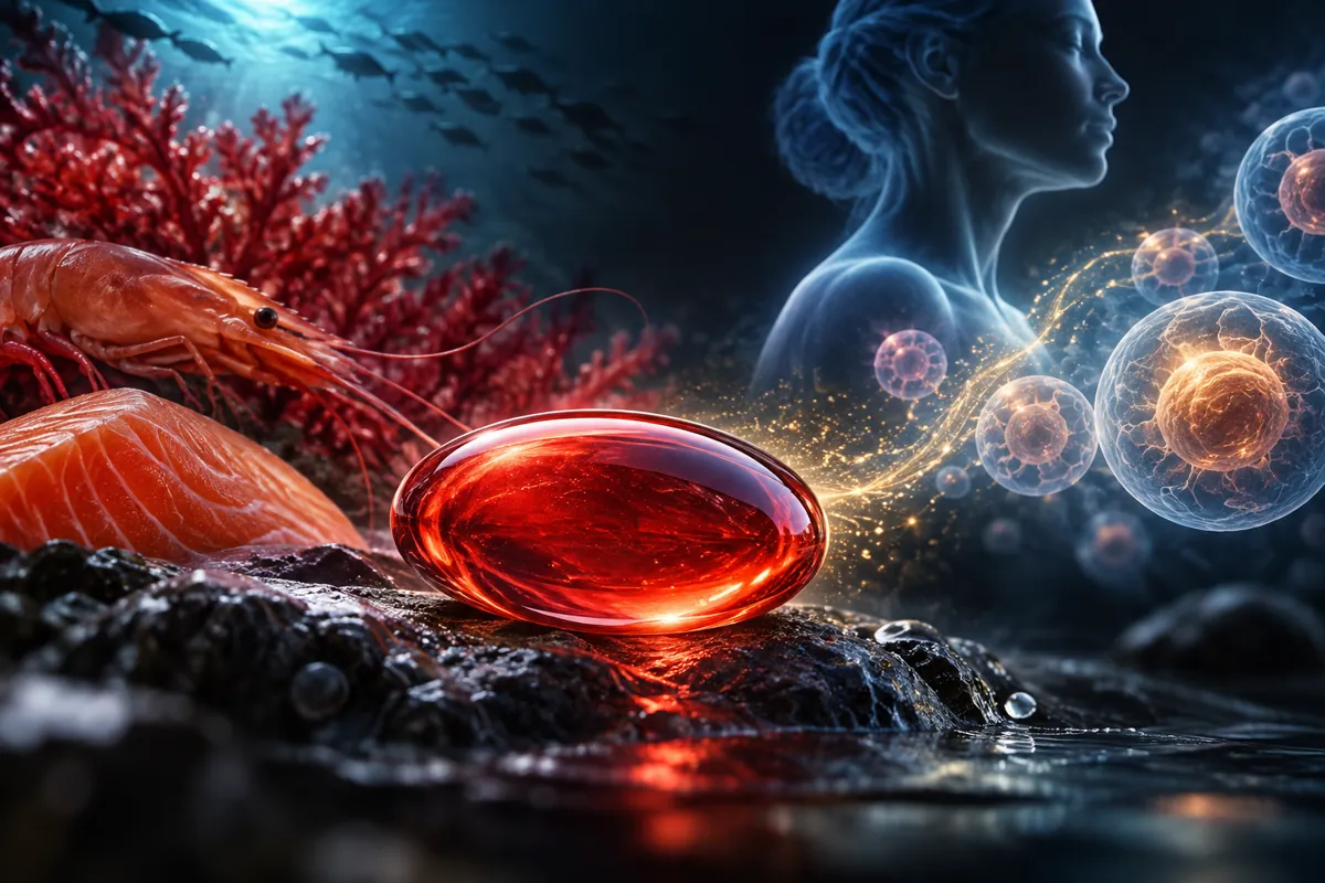 A deep red softgel rests among red algae, shrimp and salmon, with glowing cells trailing toward a translucent figure.