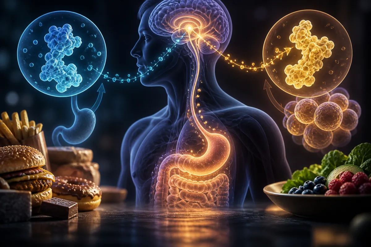 A translucent body with glowing gut and brain between blue and gold hormone molecules, junk food and fresh fruit.