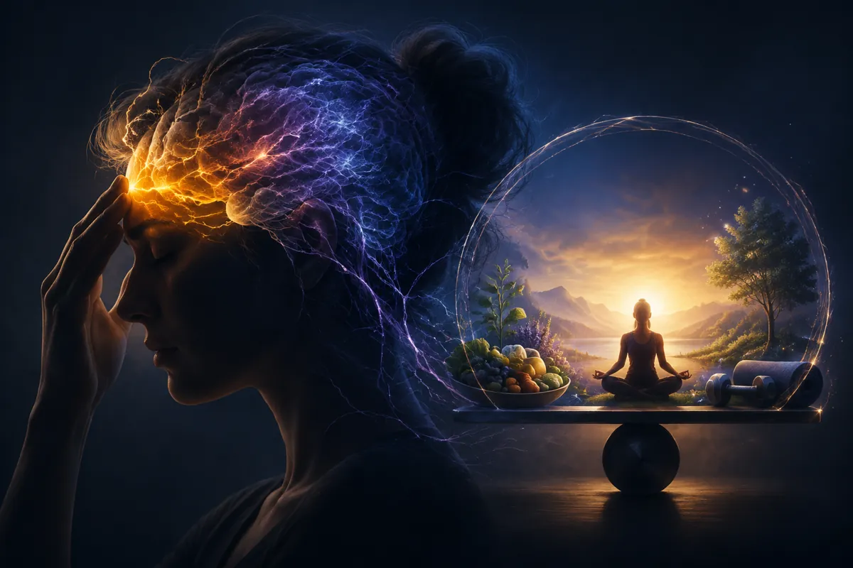 A woman presses her temple as a gold and purple storm crackles over her head, opposite a calm meditation scene.