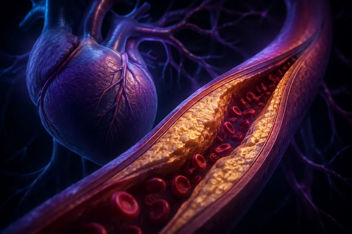 A cutaway artery packed with gold plaque narrows the flow of red blood cells beside a deep purple heart.