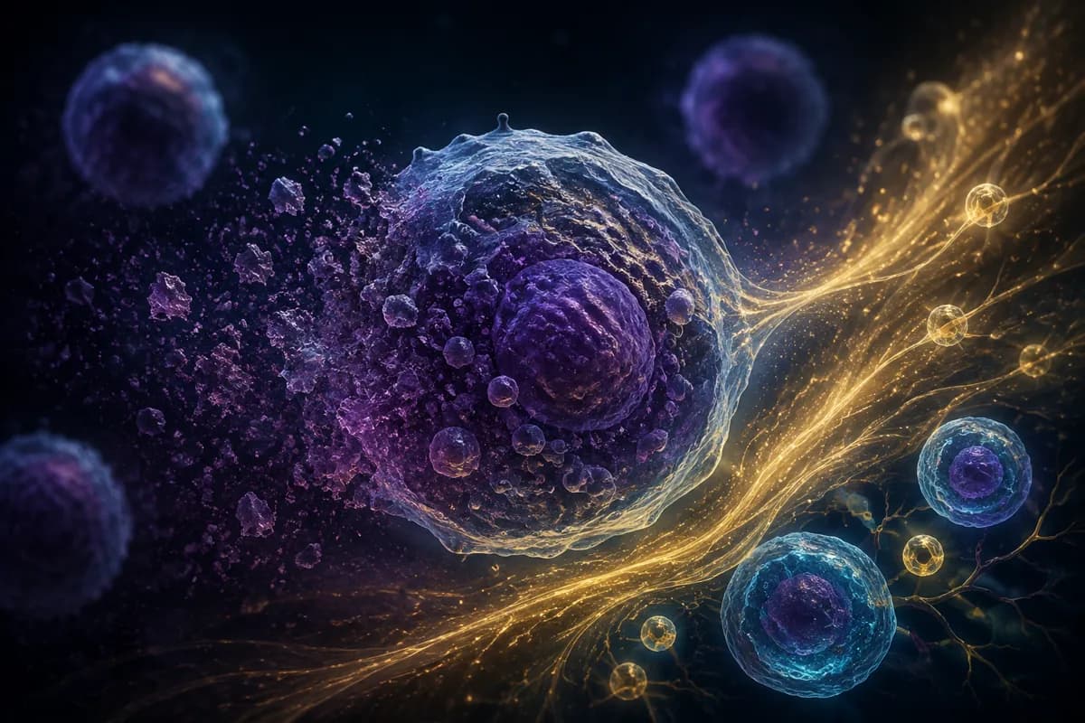 A crumbling senescent cell sheds purple debris while gold energy streams toward intact cells nearby.