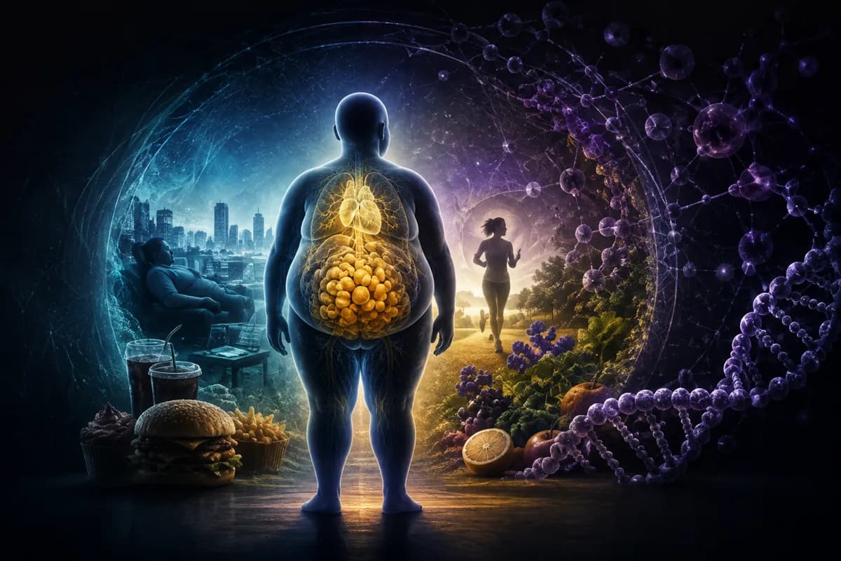 A glowing body reveals gold visceral fat around its organs, fast food on one side, a runner and produce on the other.