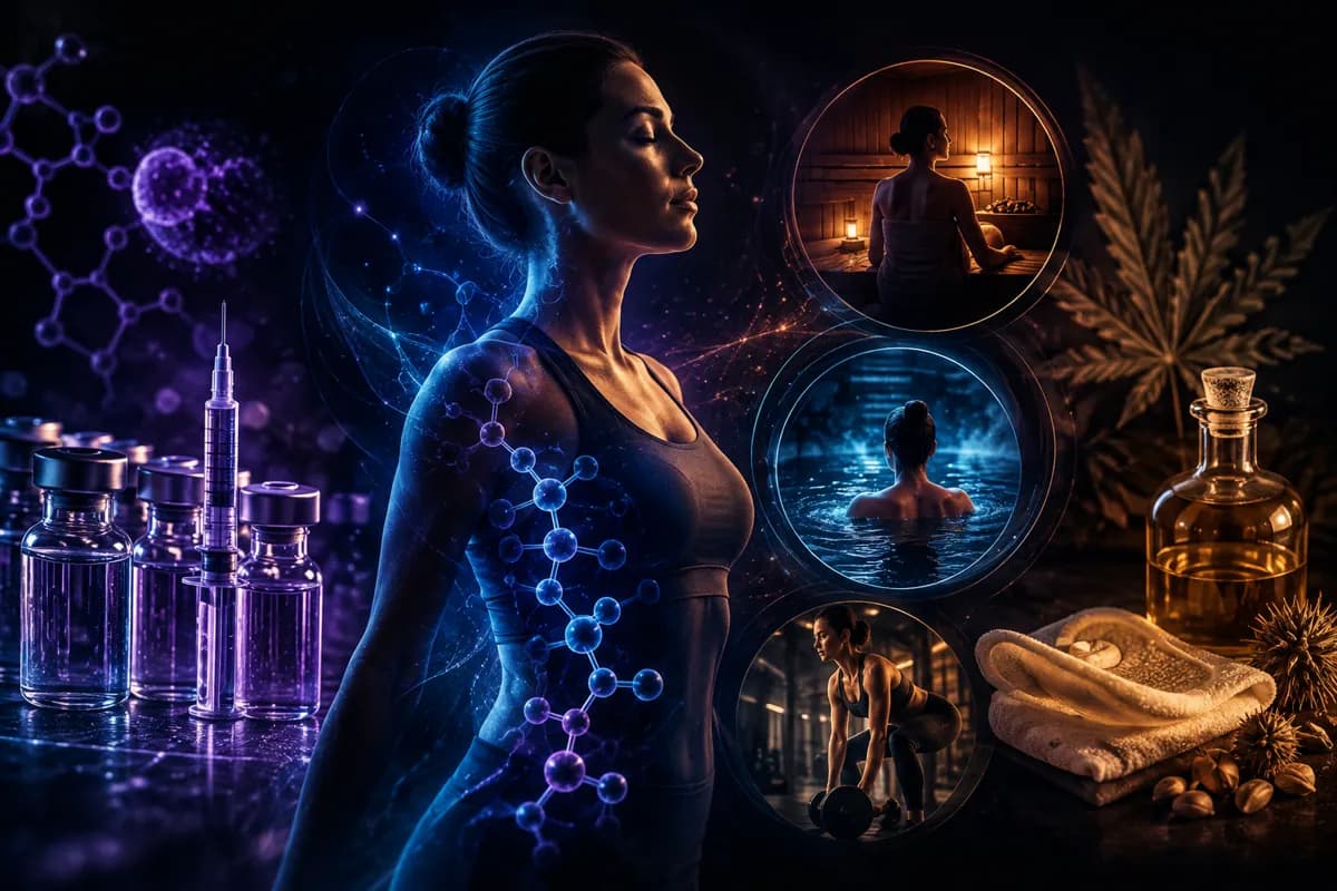 A woman traced with a blue peptide chain stands beside purple vials and a syringe, sauna, cold plunge and gym insets.