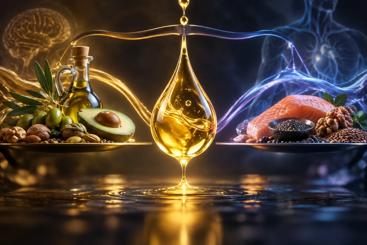 A gold oil droplet hangs between two plates, olives, avocado and nuts on one, salmon, seeds and walnuts on the other.