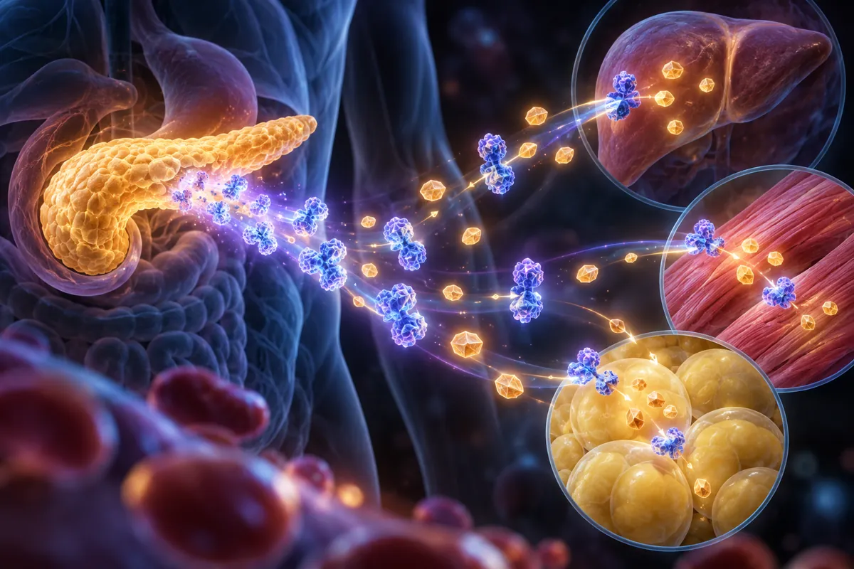 An orange pancreas fires blue insulin and gold glucose toward inset views of liver, muscle and fat cells.