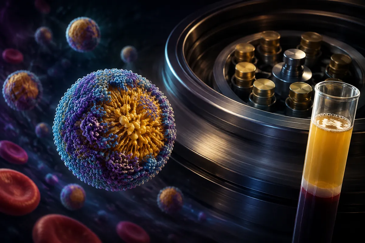 A lipoprotein particle with a gold lipid core floats near red blood cells, a centrifuge rotor and a spun blood tube.