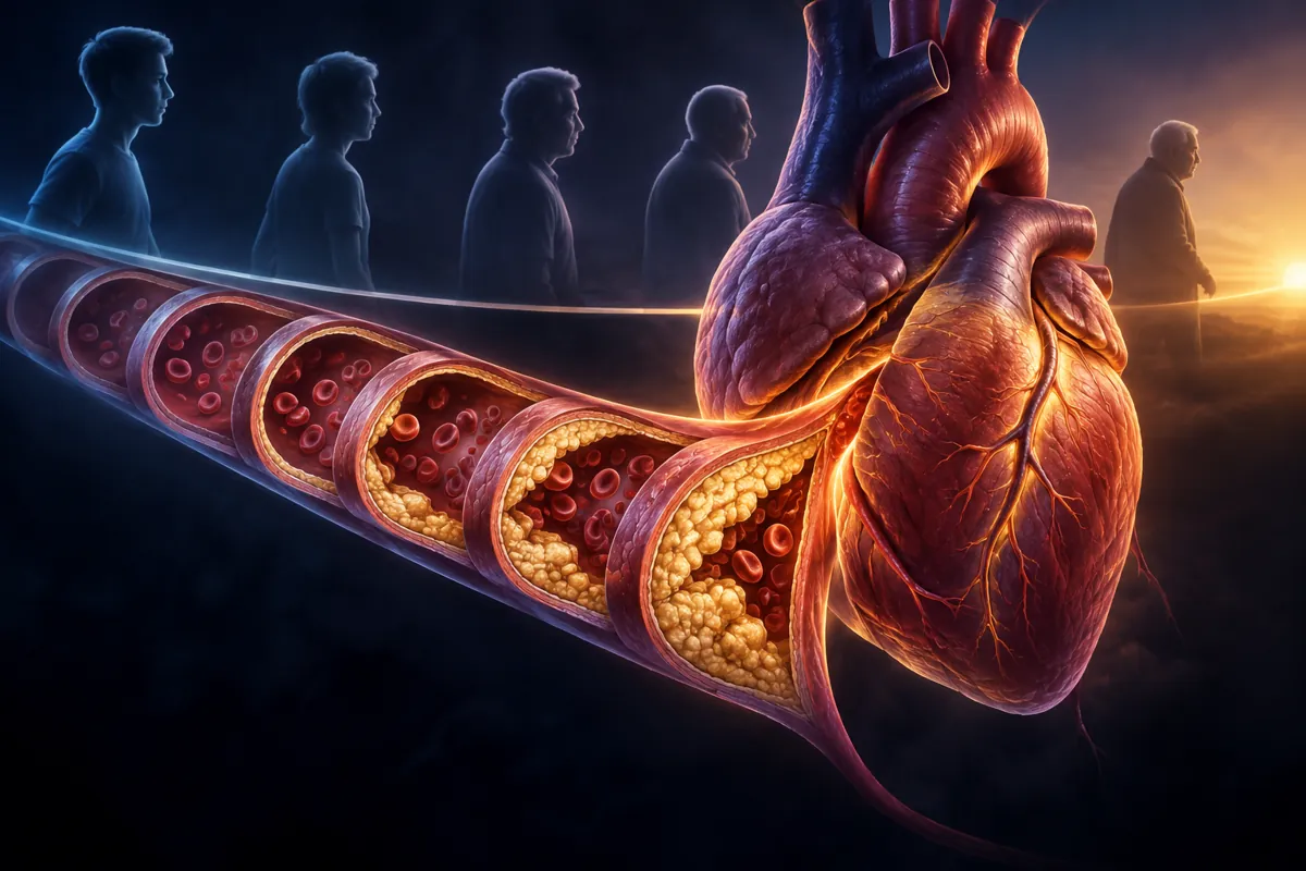 A row of artery cross sections fills with gold plaque beside a red heart, under silhouettes of a man ageing.