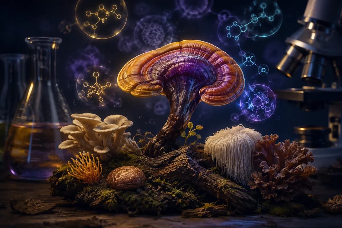 Reishi, lion's mane and oyster mushrooms on a mossy log between a lab flask, a microscope and molecule rings.