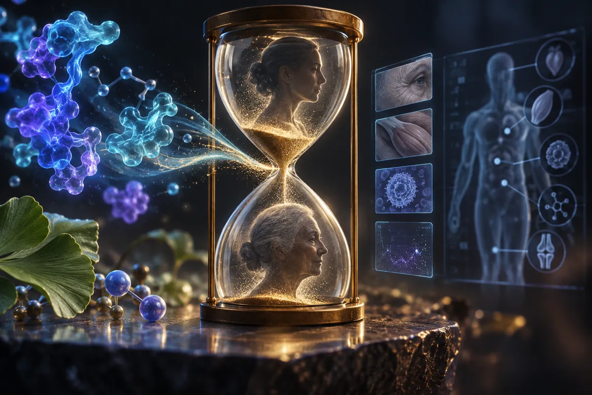 An hourglass holds a young face above an older one as gold sand falls, beside ginkgo leaves and a biomarker panel.