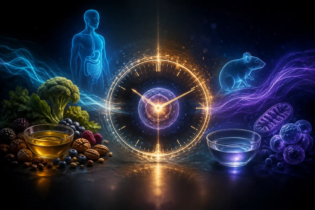 A glowing gold clock face surrounds a single cell, with nuts and oil, a bowl of water, a lab mouse and mitochondria.