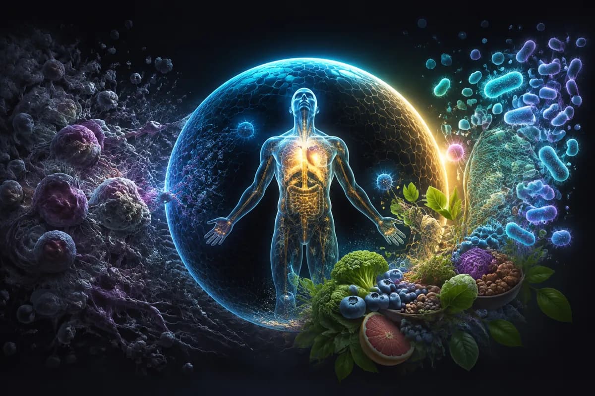 A translucent human figure with glowing gold organs stands between dark tumor clusters and fresh produce.
