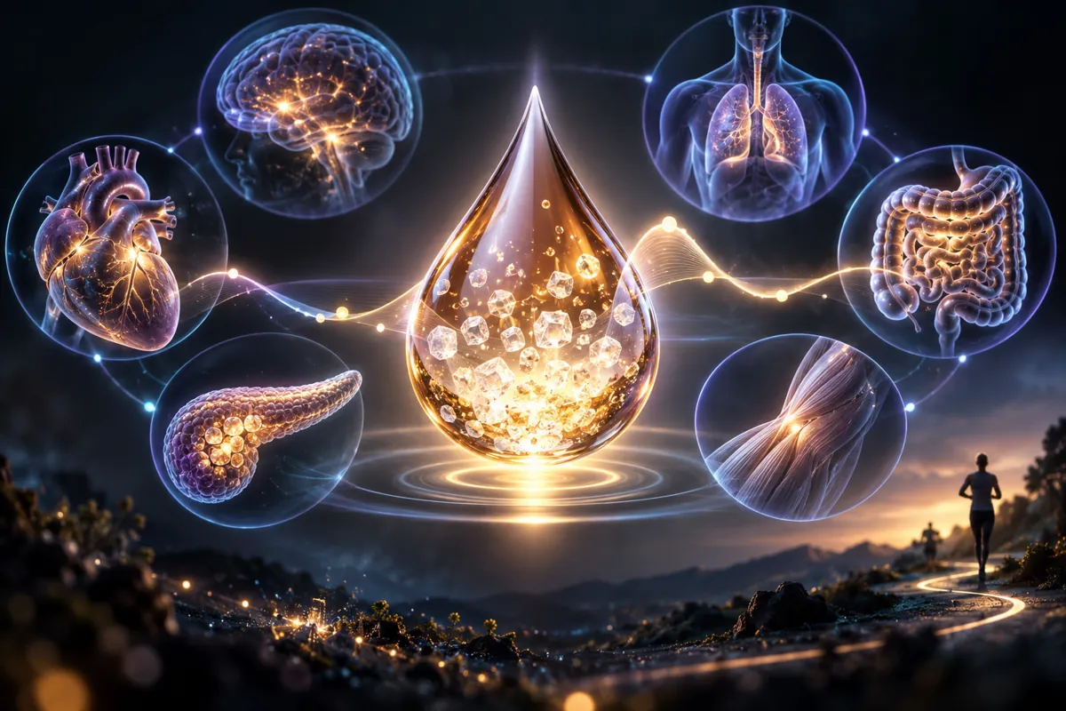A glowing amber sugar droplet at the center of glass orbs holding the heart, brain, lungs, pancreas and gut.