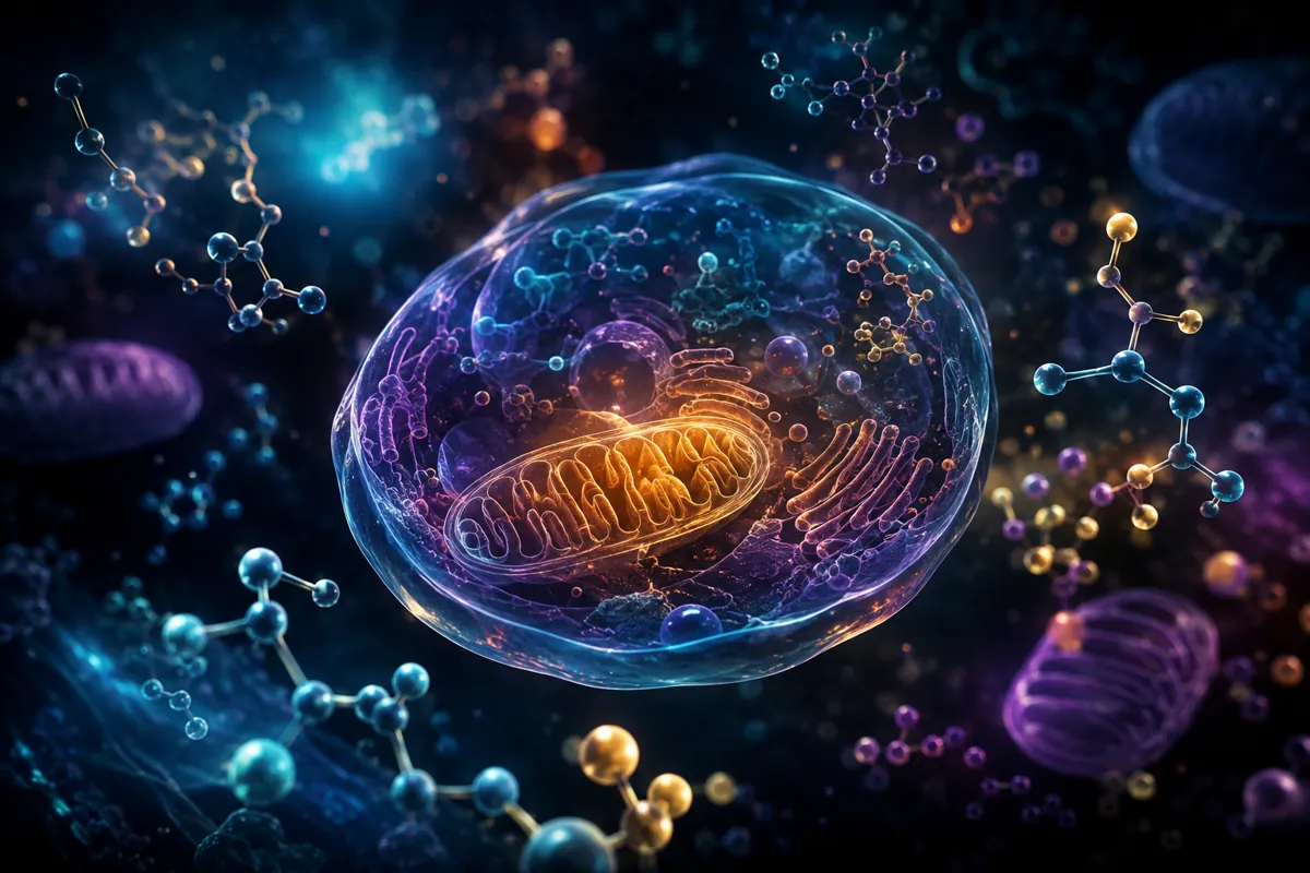 A translucent violet cell with a blazing orange mitochondrion at its core, ringed by floating molecules.