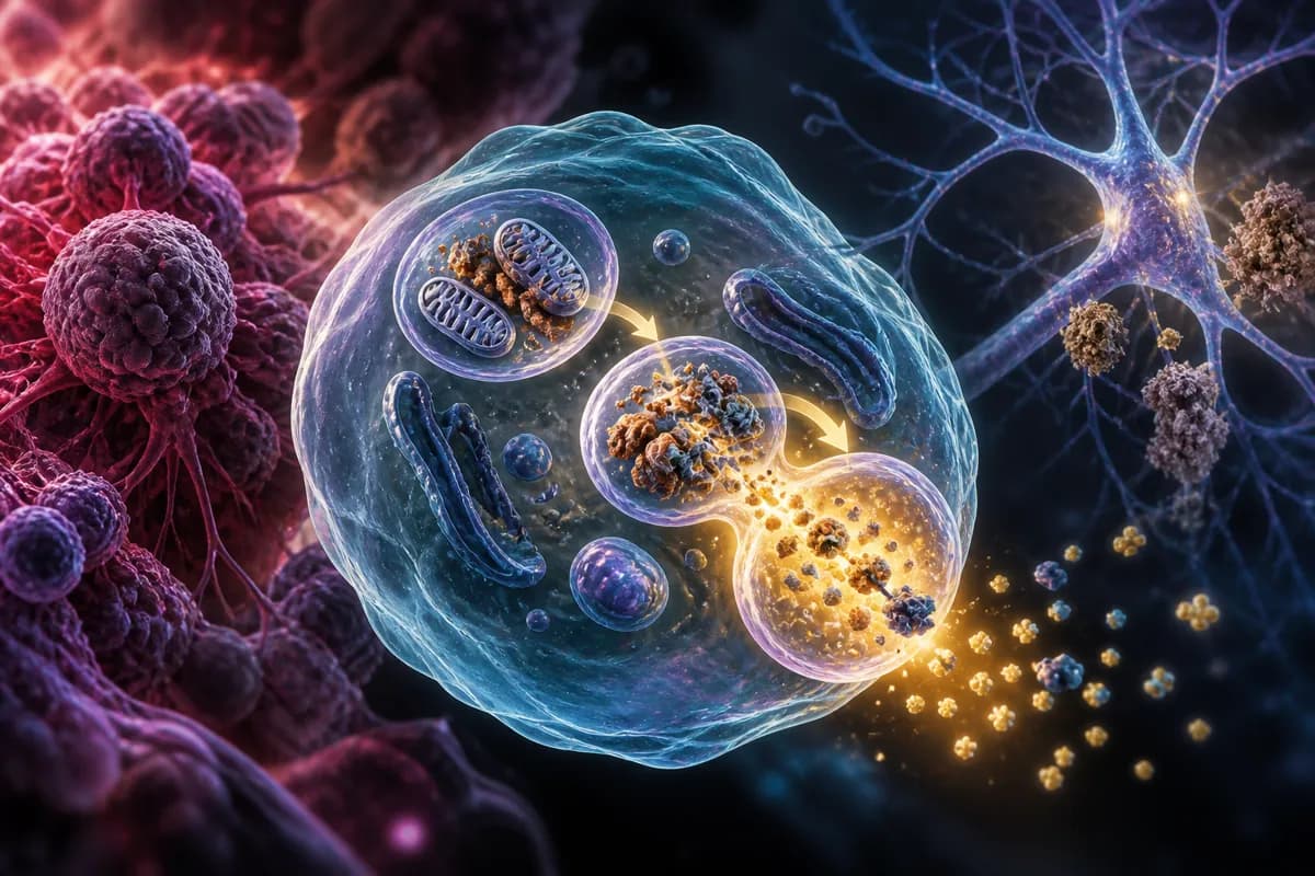 Inside a blue cell, vesicles swallow orange debris, with tumor cells on one side and a plaque-strewn neuron on the other.