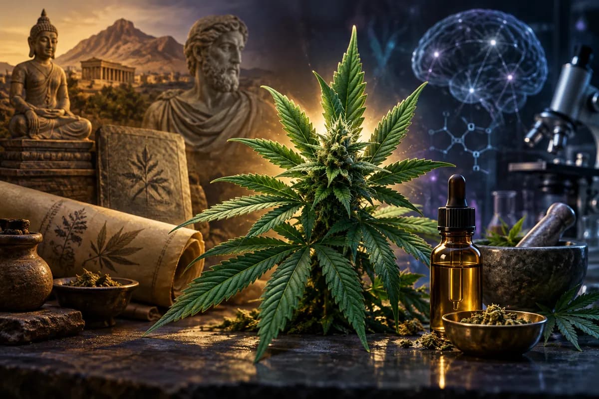 A cannabis plant lit from behind, with an amber dropper bottle, mortar and pestle, old scrolls and a glowing brain.