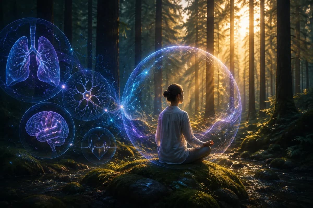 A woman meditating on a mossy rock in a sunlit forest, ringed by glowing lungs, brain, neuron and heartbeat orbs.