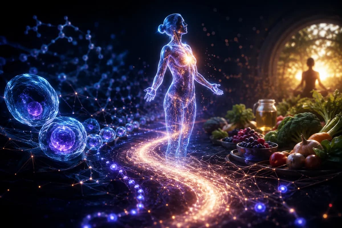A luminous figure walks a golden path across a data grid, past glowing stem cells and a table of whole foods.