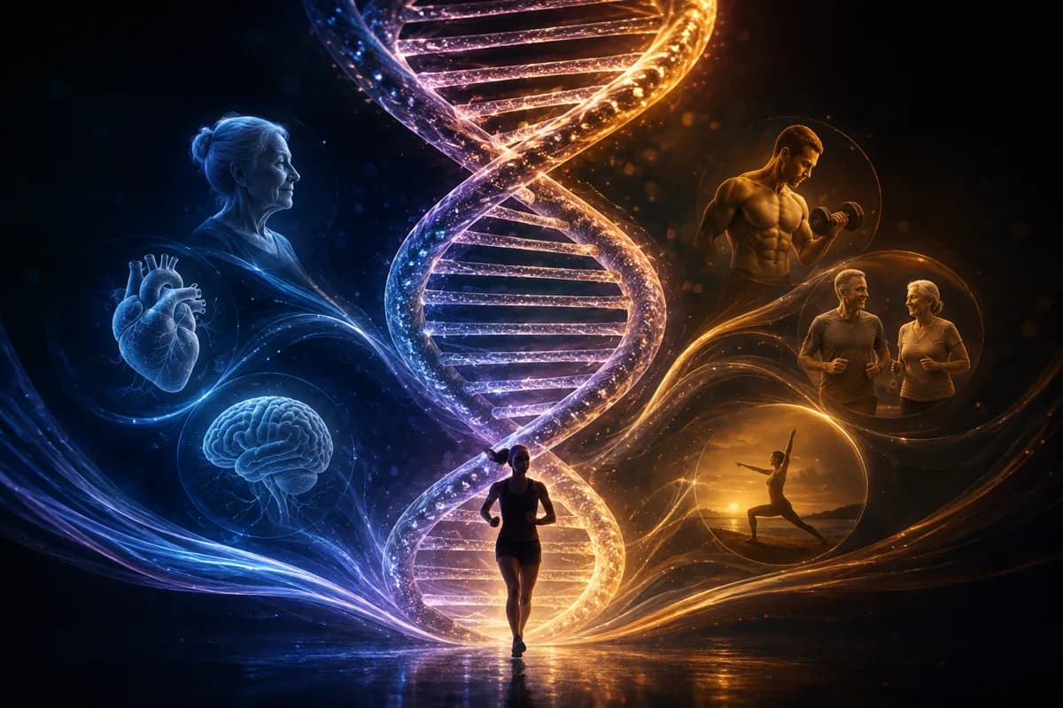 A glowing DNA helix behind a running woman, with an older woman's portrait and people lifting weights and jogging.