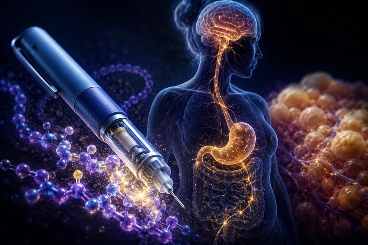 An injector pen and purple peptide molecules beside a body with the brain, vagus nerve and stomach lit in gold.