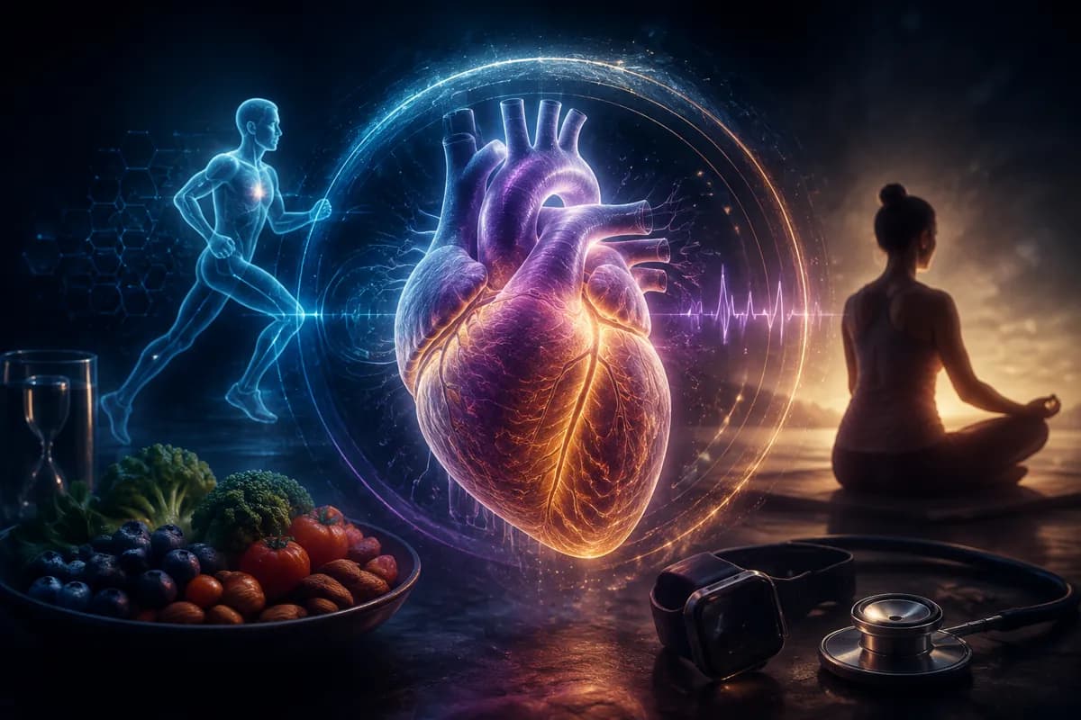 A glowing anatomical heart with an ECG trace, flanked by a holographic runner, whole foods, a smartwatch and stethoscope.
