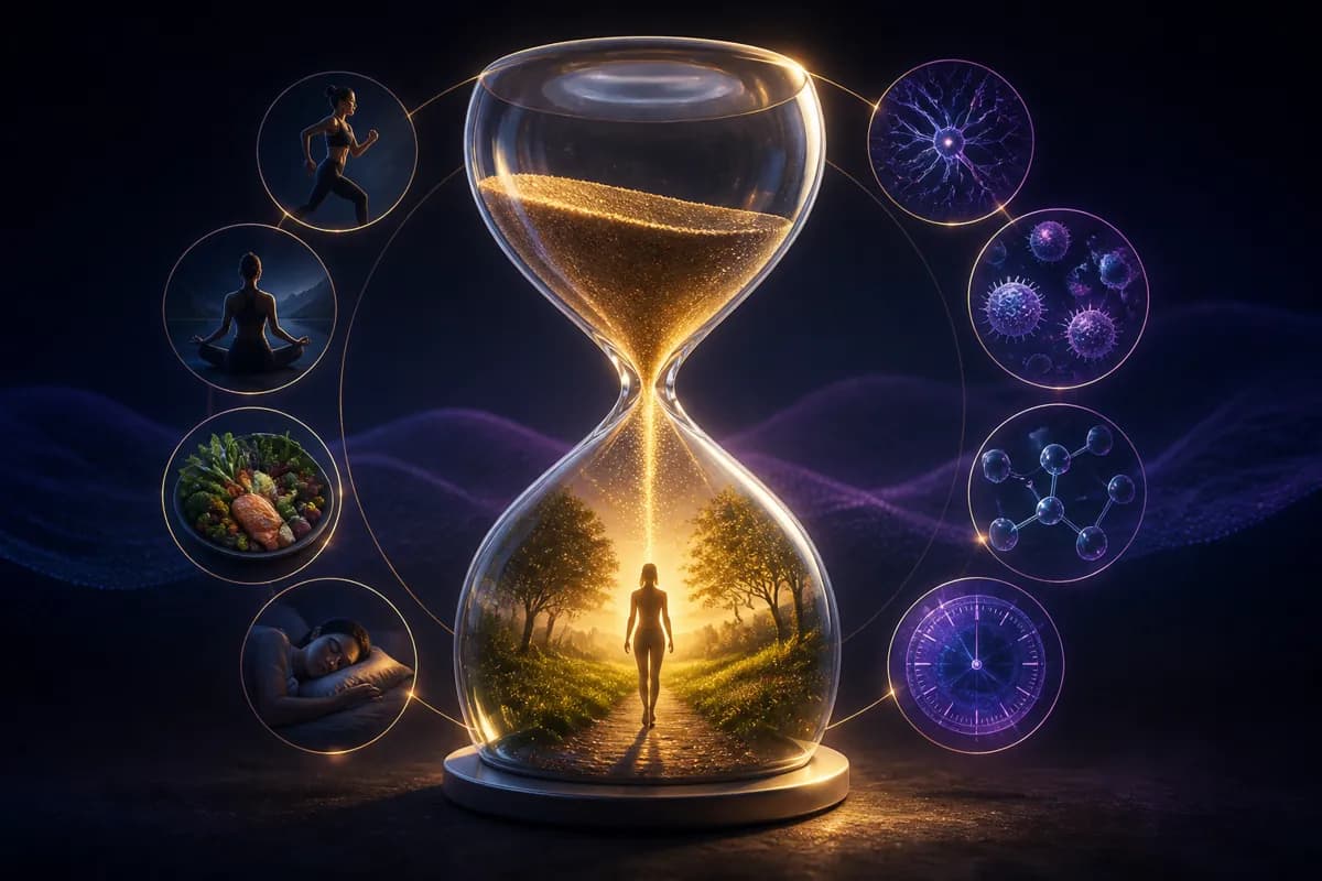 An hourglass of golden sand whose lower bulb holds a sunlit path, ringed by sleep, exercise, food and cell vignettes.