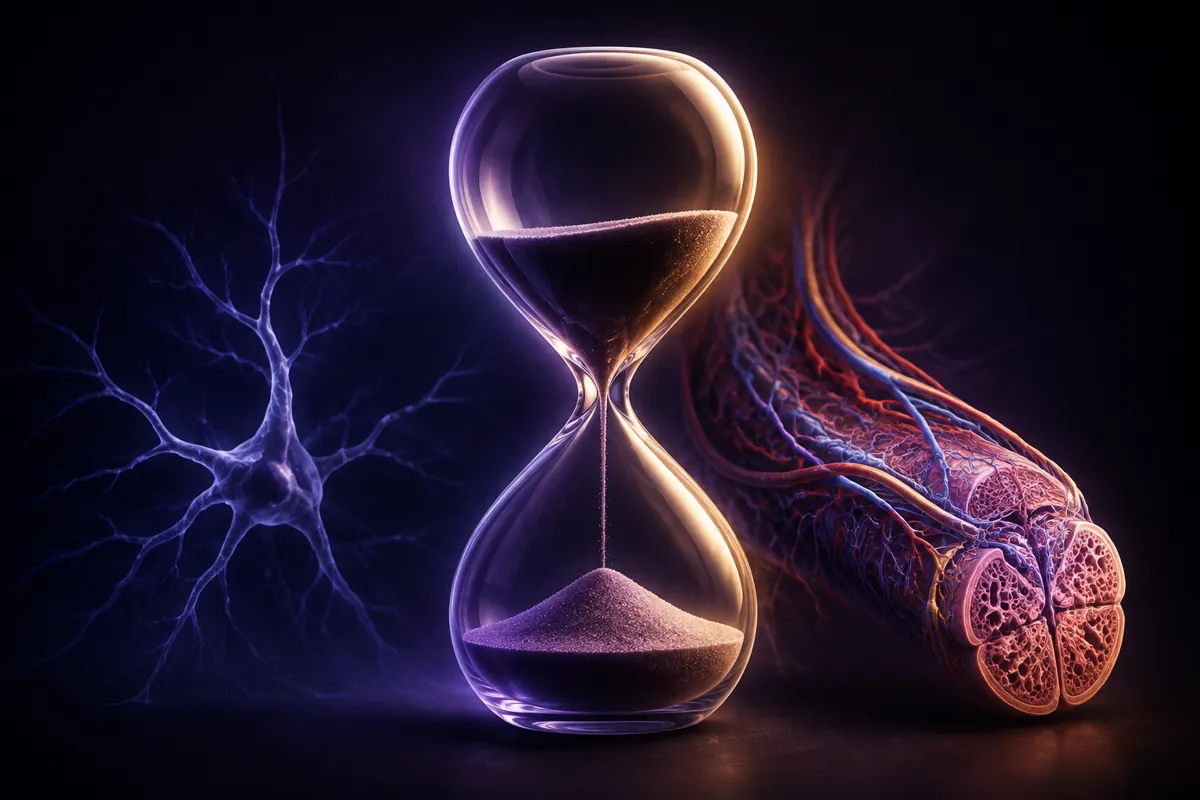An hourglass running down beside a glowing neuron and a cross-section of erectile tissue and its blood vessels.