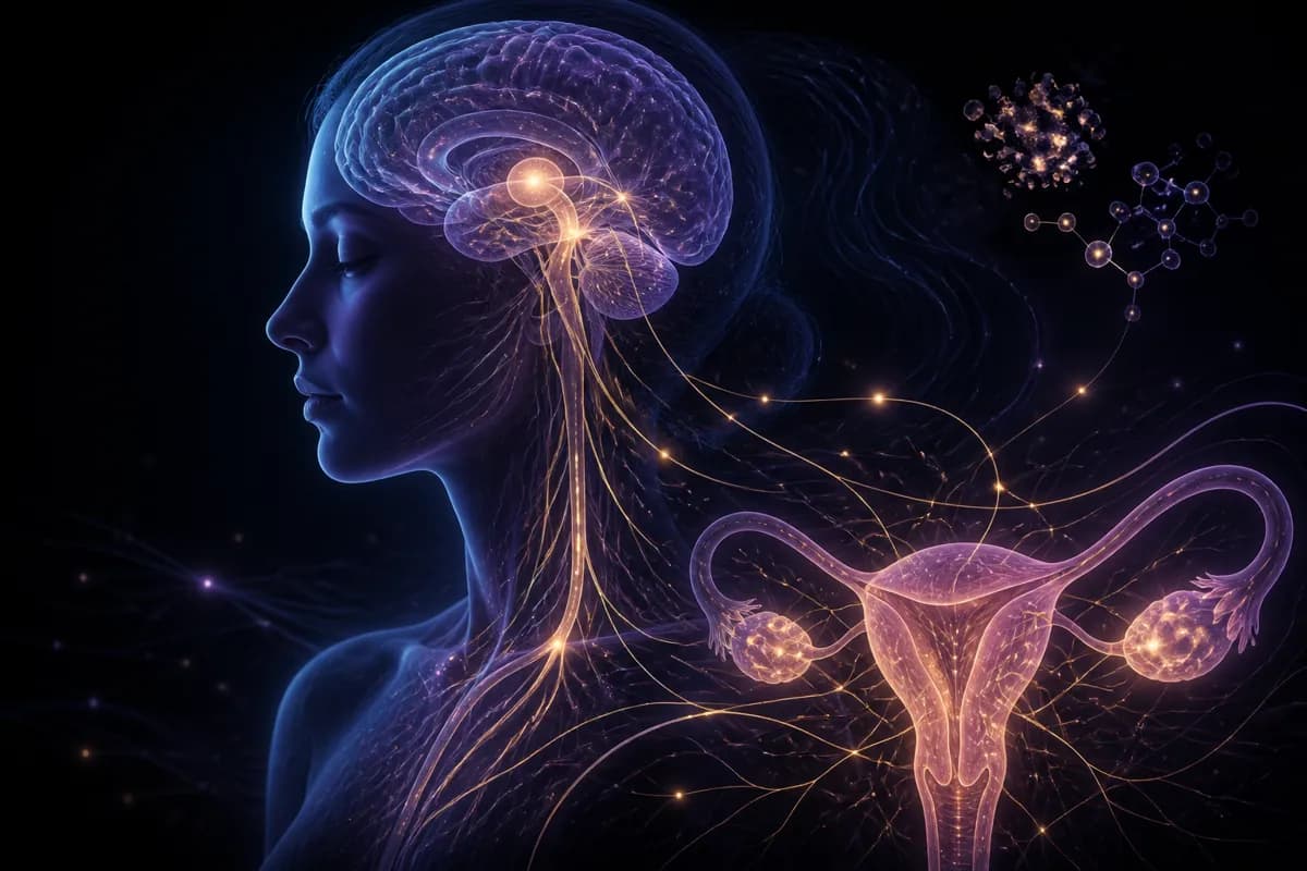 A woman's profile with a violet brain and gold nerve pathways running down to a glowing uterus and ovaries.