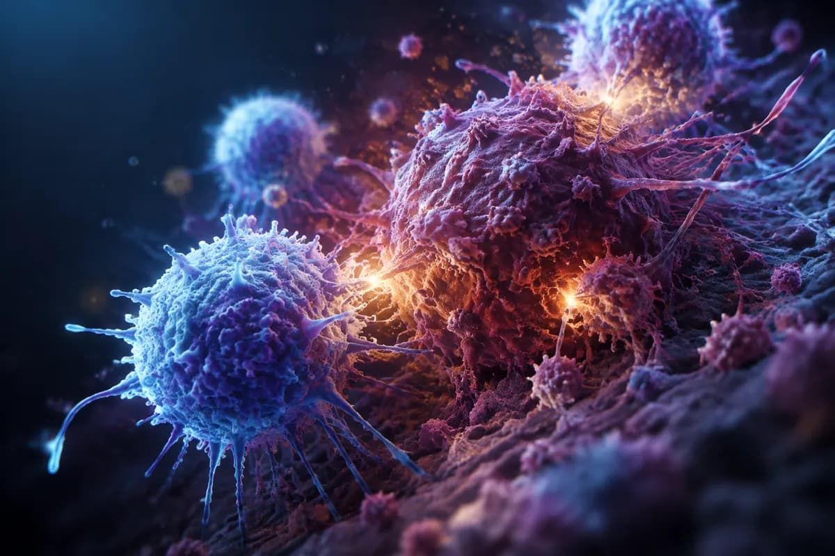 A spiky blue immune cell pressing against a red and magenta tumor mass, glowing gold where they meet.