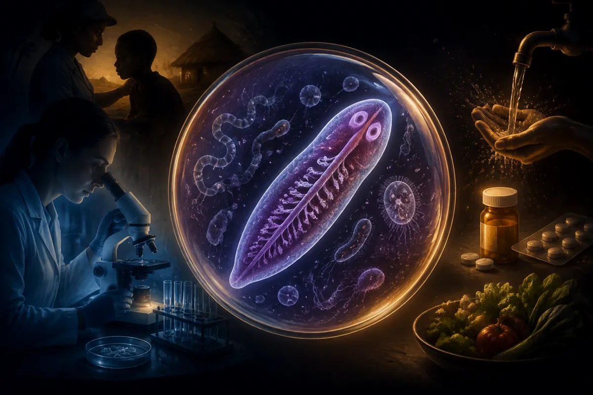 A magnified flatworm and gut parasites in a glowing sphere, with a technician at a microscope and hands washing.