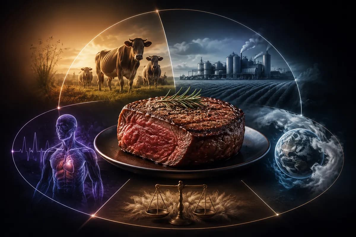 A seared steak on a plate at the center of pasture cattle, a feedlot, the Earth, brass scales and a glowing heart.