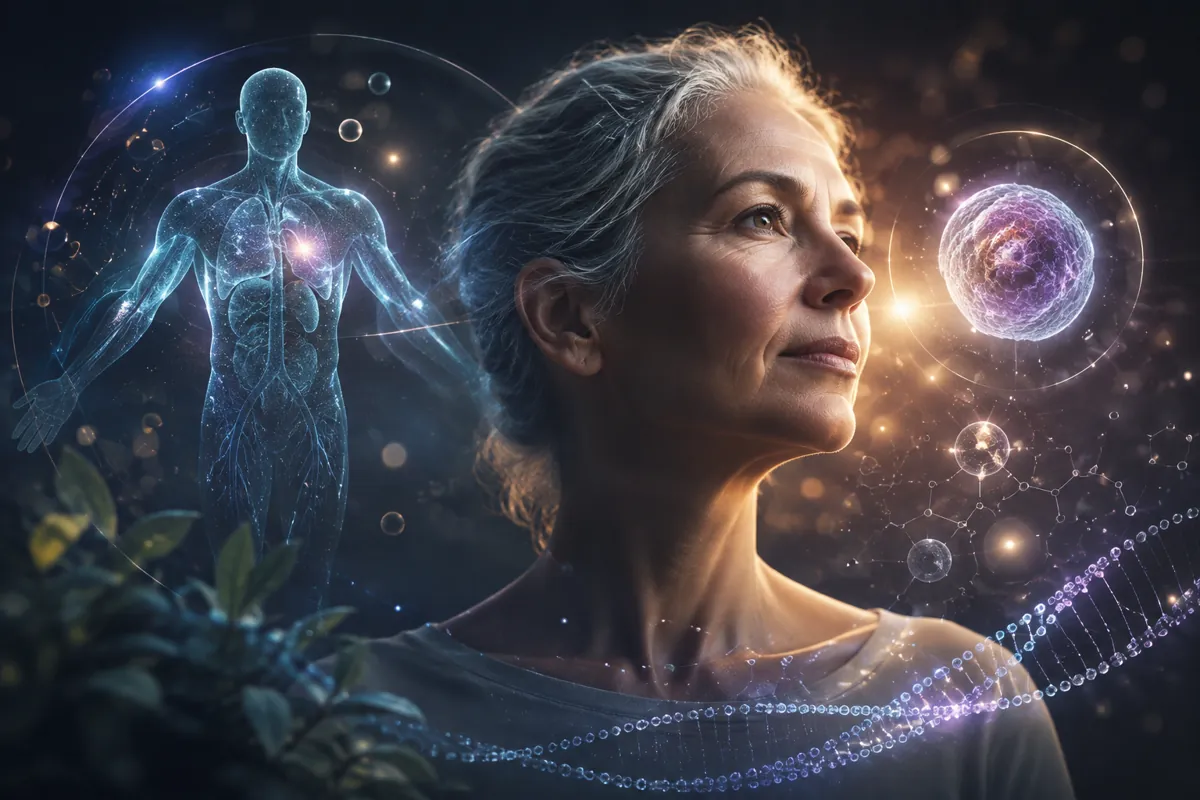 A silver-haired woman looking upward, beside a translucent anatomical figure, a violet cell and a DNA ribbon.