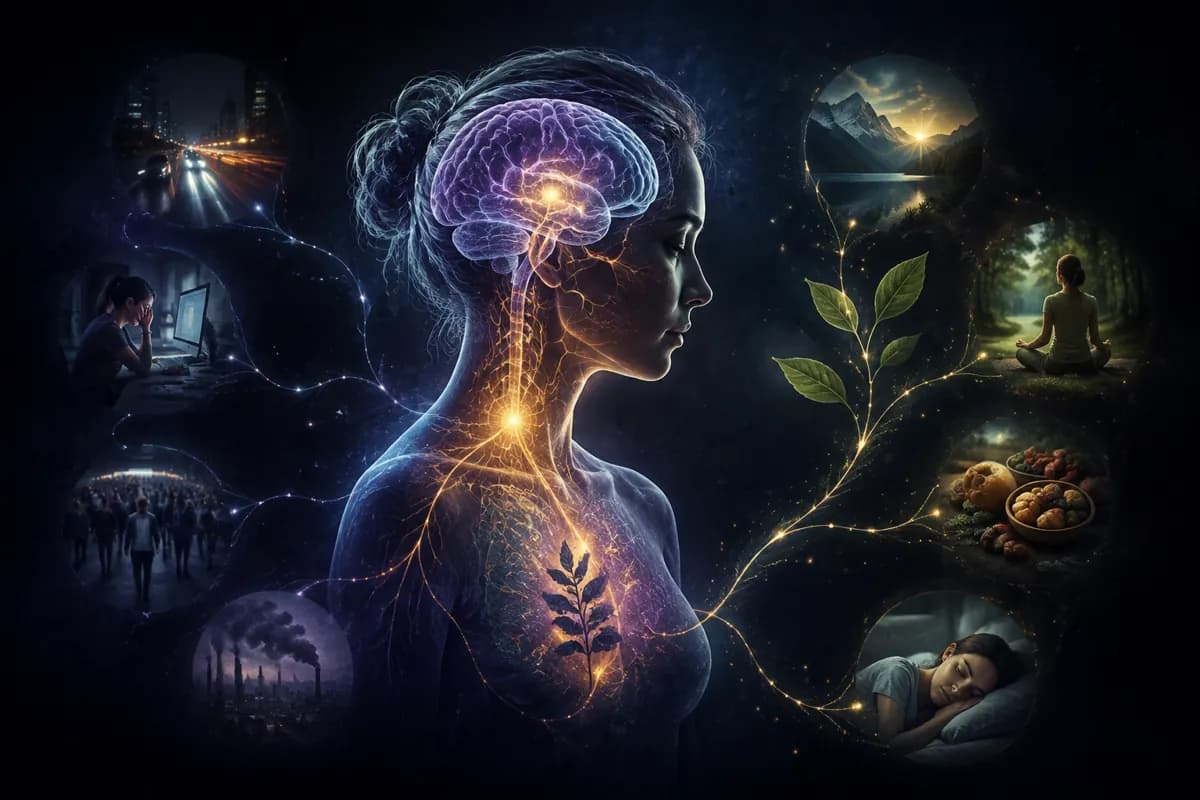 A woman's profile with a glowing brain and a sprout in her chest, city stress on one side, nature and sleep on the other.
