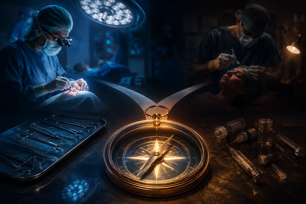 A glowing brass compass sits between a surgical instrument tray and syringes as masked surgeons operate behind.