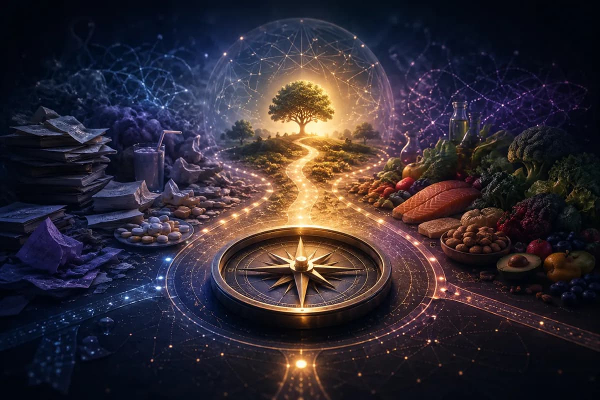 A gold compass between processed snacks and pills on one side and whole foods on the other, a lit path to a tree.