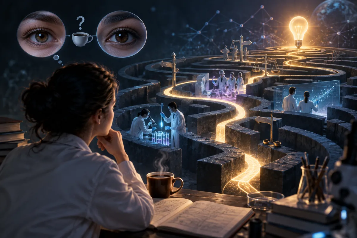 A researcher at her notebook studies a stone maze where a golden path winds past lab benches and scales to a lit bulb.