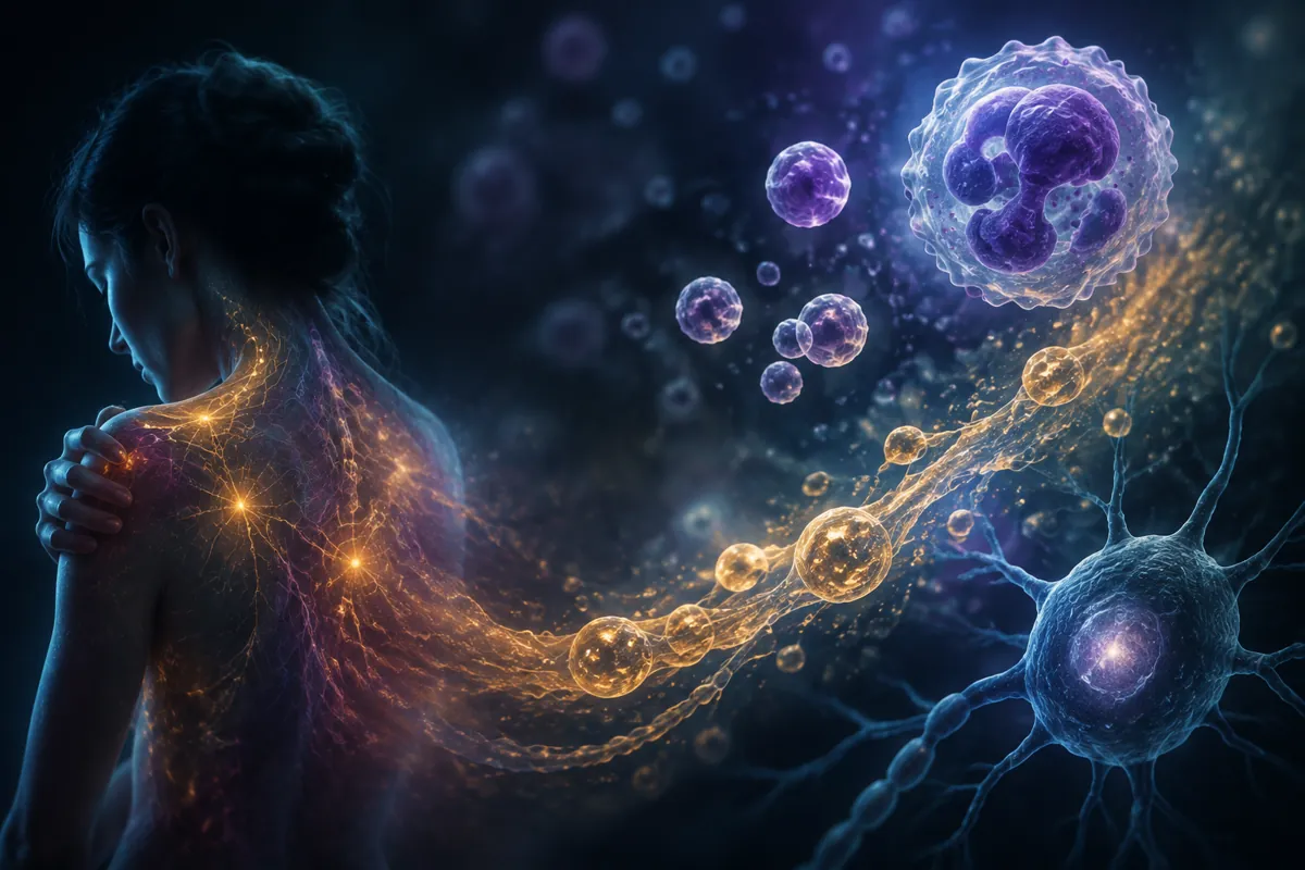 Gold resolving molecules stream from a woman's inflamed nerve network toward a neuron, with immune cells drifting above.