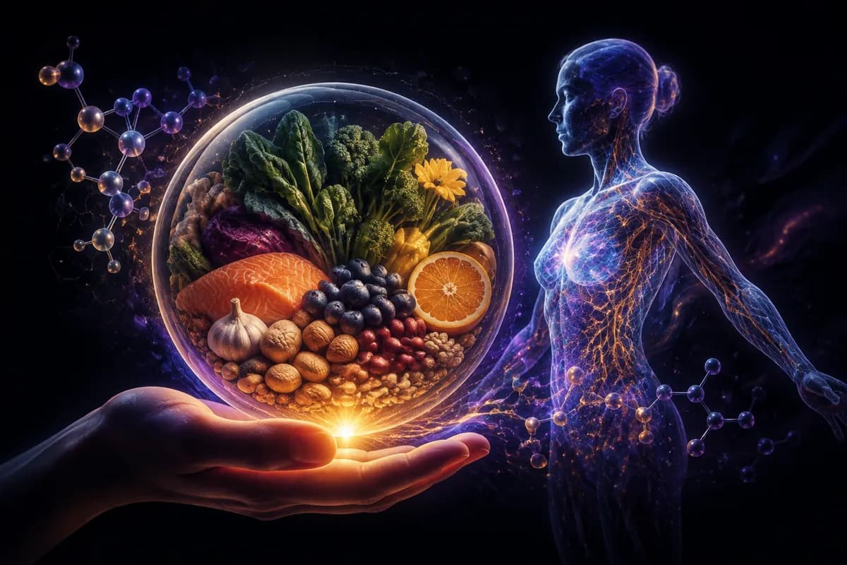 A hand holds a glass sphere packed with greens, salmon, berries and nuts beside a glowing figure lit by nutrient paths.