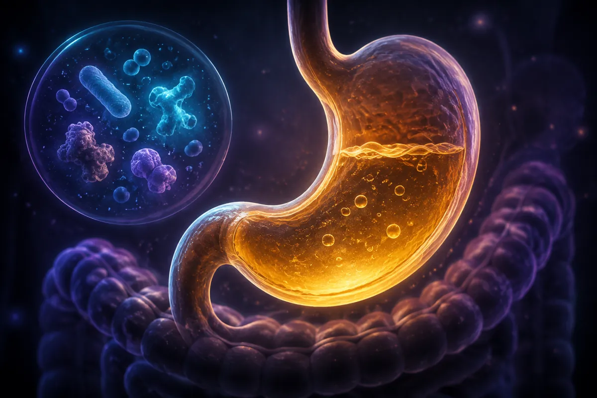 A glowing amber stomach half filled with acid, coiled purple intestine behind it, and a bubble of gut bacteria and enzymes.