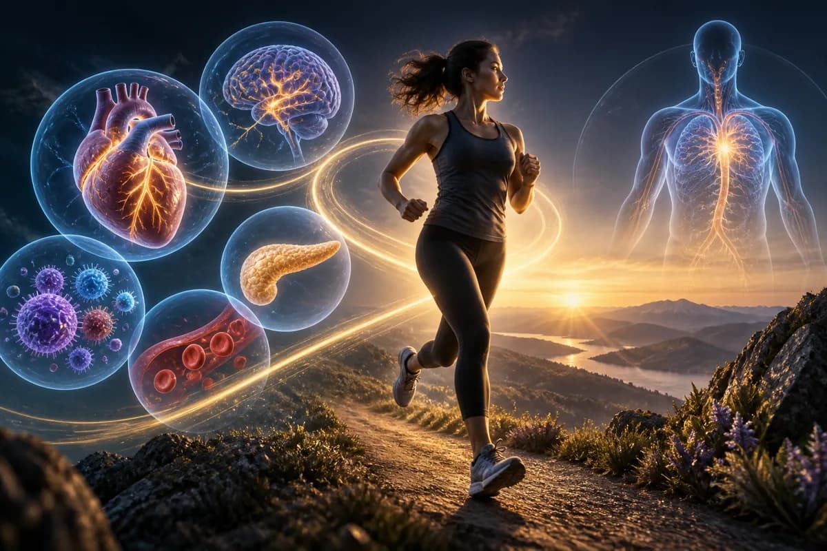 A woman runs a mountain trail at sunrise as glowing orbs of heart, brain, pancreas and blood cells trail beside her.