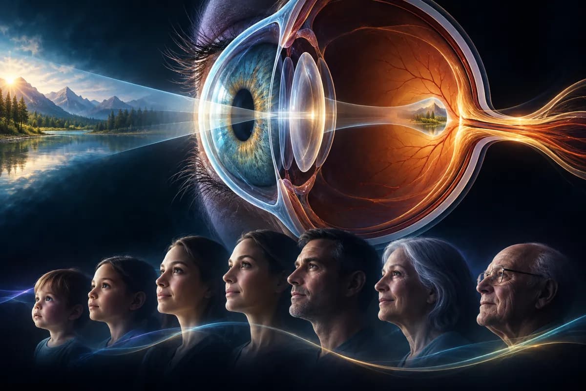 A cutaway eye focuses light from a lake landscape onto its retina above seven faces aging from toddler to elder.