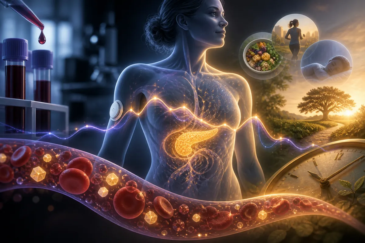 A glucose sensor on a translucent woman's arm links her glowing pancreas to a blood vessel carrying sugar crystals.