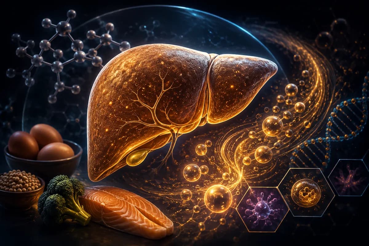 A glowing amber liver hovers above eggs, broccoli and salmon, ringed by gold droplets, molecule models and a DNA helix.