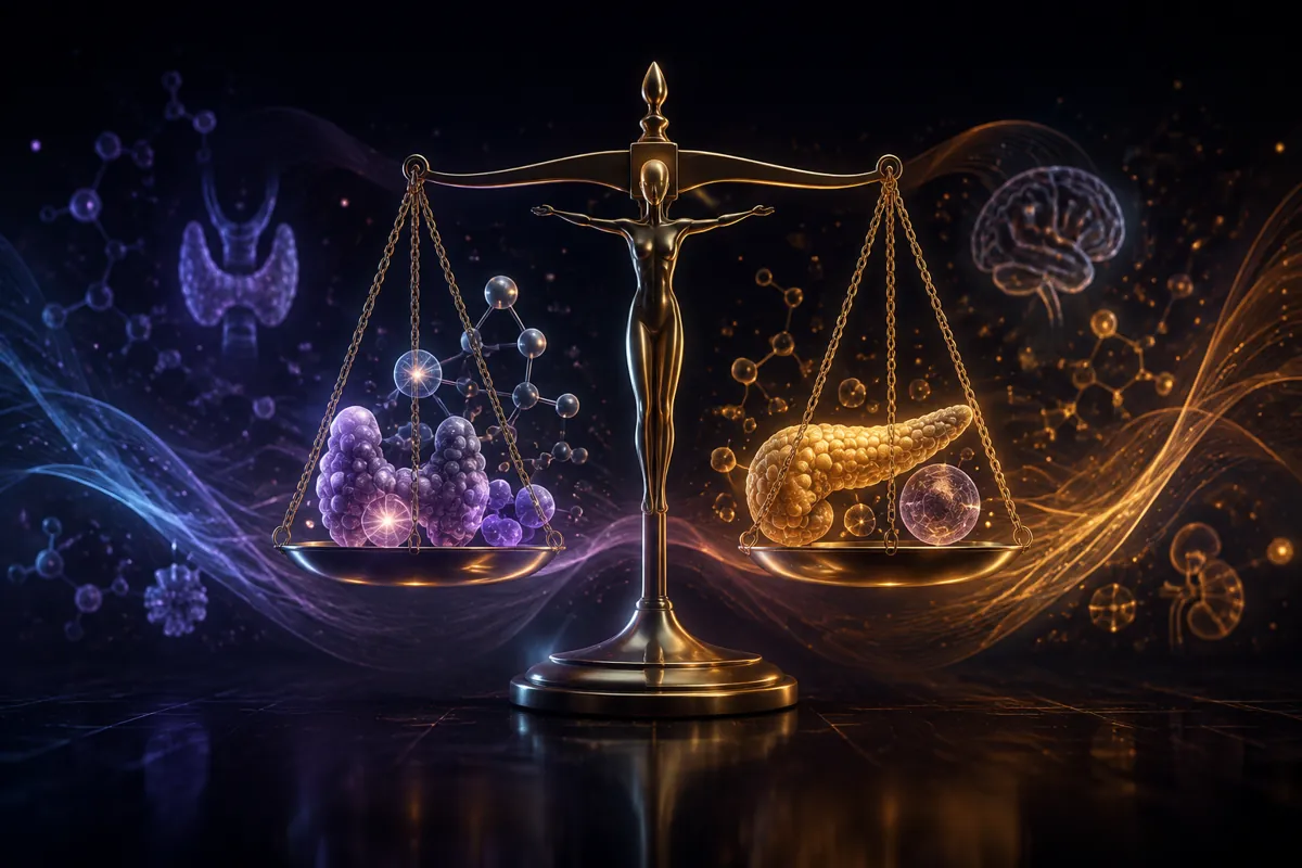 A gold scale held by a human figure weighs purple hormone clusters against a glowing pancreas, thyroid and brain nearby.